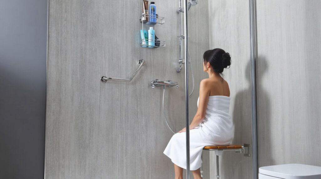 vieille femme utilisant une douche sécurisée