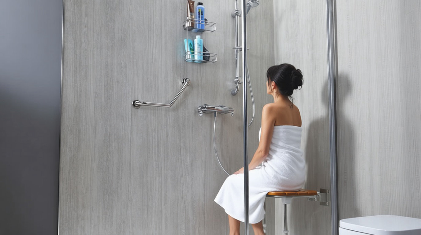 vieille femme utilisant une douche sécurisée