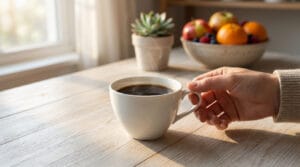Main tenant une tasse de café fumant sur une table en bois, avec des fruits et une plante en arrière-plan près d'une fenêtre ensoleillée.