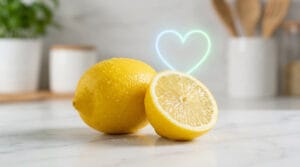 Citron frais coupé et entier avec gouttes d'eau sur marbre, cœur lumineux en fond. Symbolise la santé cardiaque et les bienfaits.