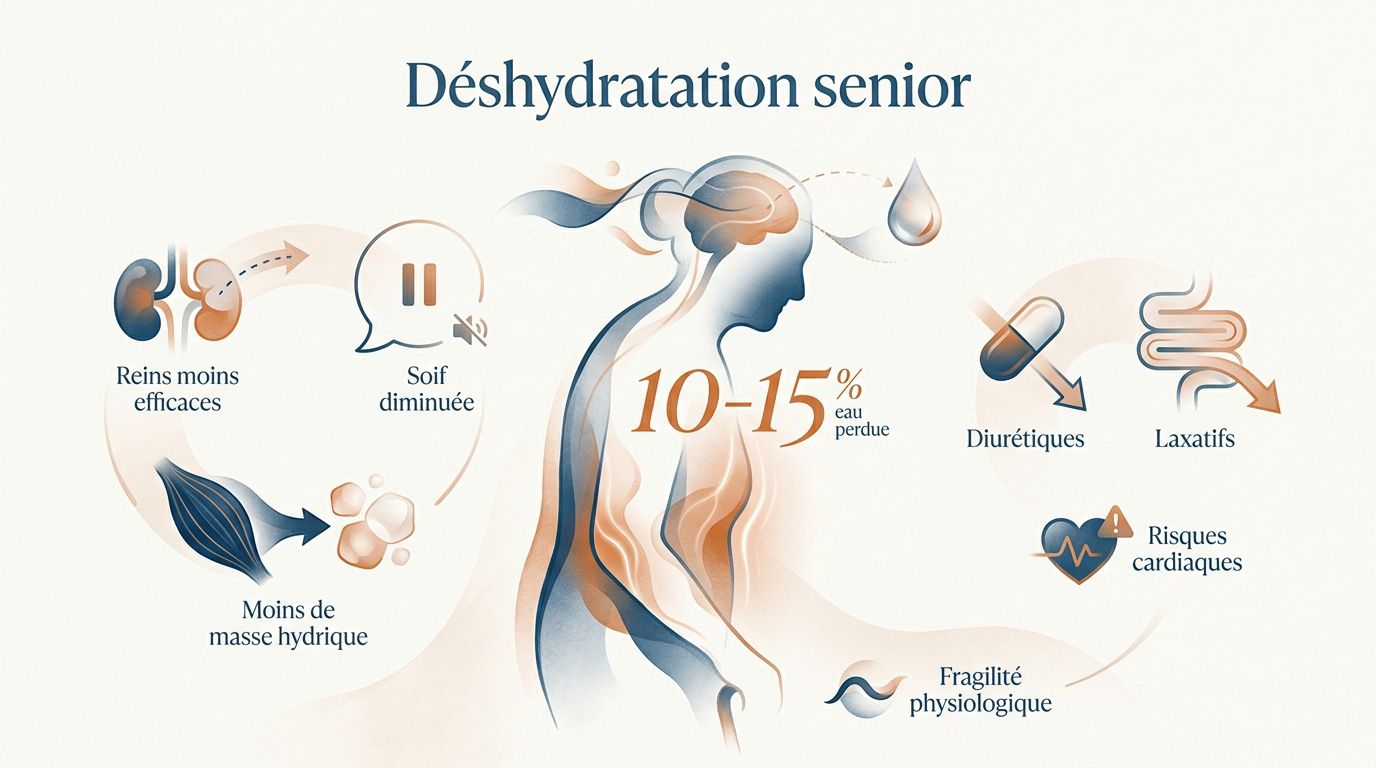 Illustration des causes physiologiques de la déshydratation chez les seniors