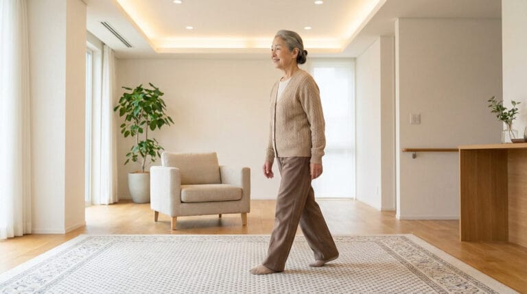 Séniore asiatique souriante marche avec confiance dans son salon lumineux et moderne, près d'une main courante discrète.