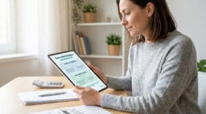 Femme concentrée lisant sur une tablette l'article « Statut BIM Belgique » et ses avantages, dans un bureau lumineux.