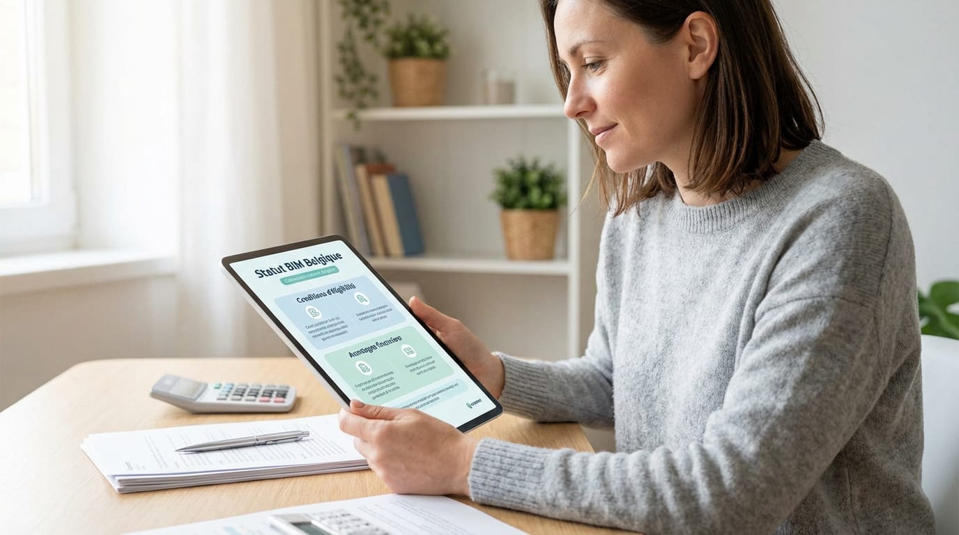 Femme concentrée lisant sur une tablette l'article « Statut BIM Belgique » et ses avantages, dans un bureau lumineux.