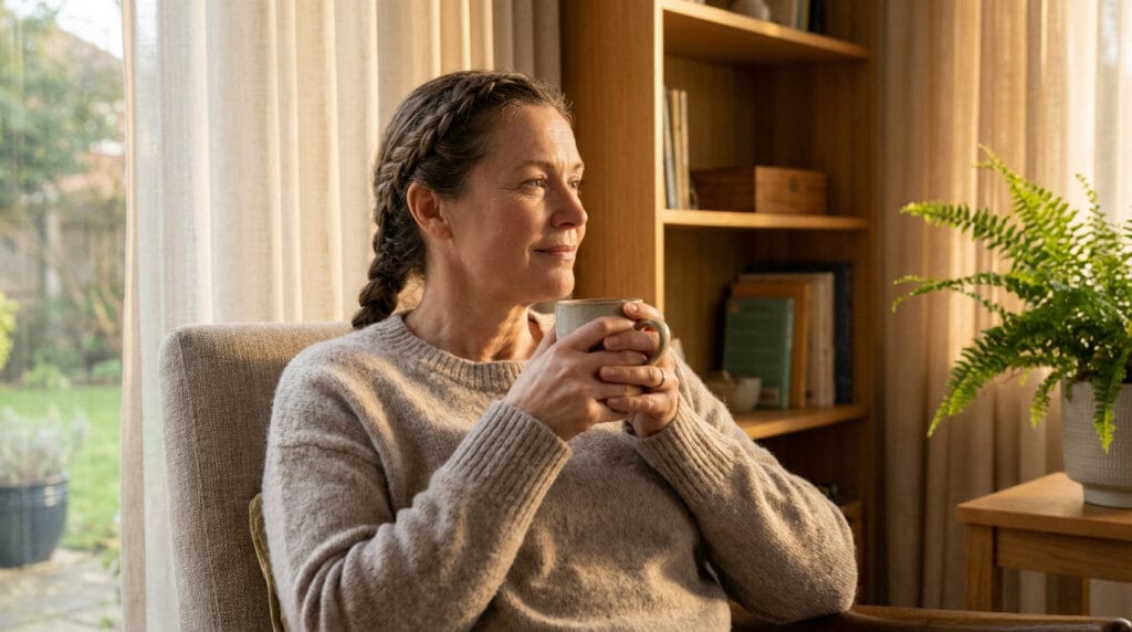 Femme d'âge moyen, cheveux tressés, pull beige, assise dans un fauteuil. Elle tient une tasse et regarde pensivement sur le côté.