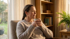 Femme d'âge moyen, cheveux tressés, pull beige, assise dans un fauteuil. Elle tient une tasse et regarde pensivement sur le côté.