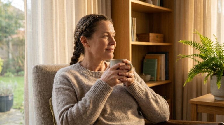 Femme d'âge moyen, cheveux tressés, pull beige, assise dans un fauteuil. Elle tient une tasse et regarde pensivement sur le côté.