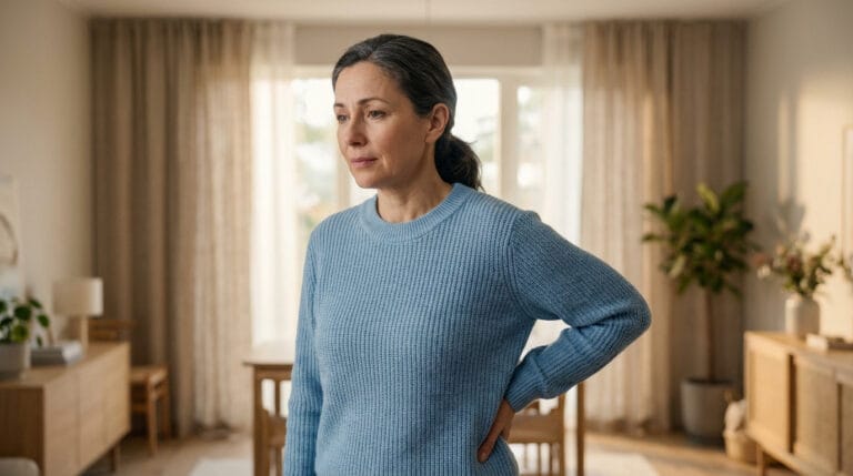 Femme d'âge mûr pensive en pull bleu, main sur la hanche, dans son salon. Elle semble réfléchir à sa santé.