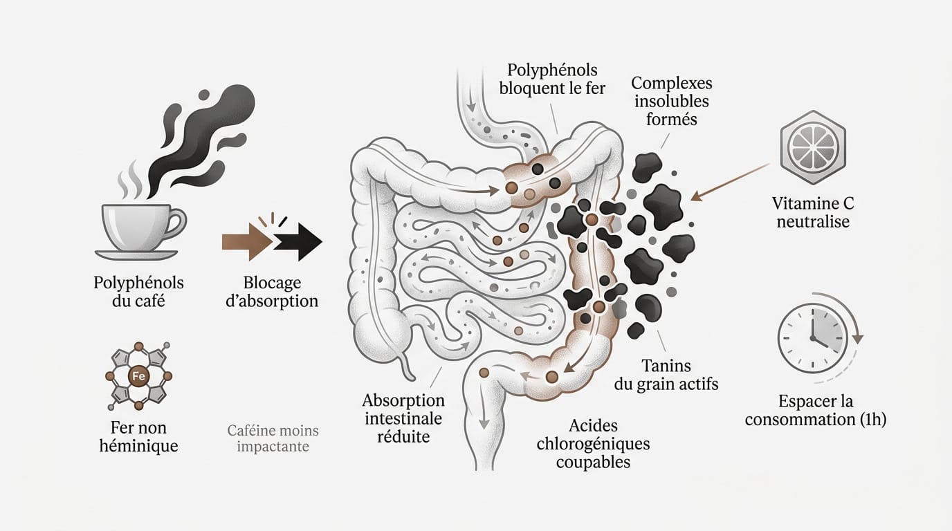 Représentation de l'interaction entre les molécules de café et l'assimilation du fer dans le système digestif