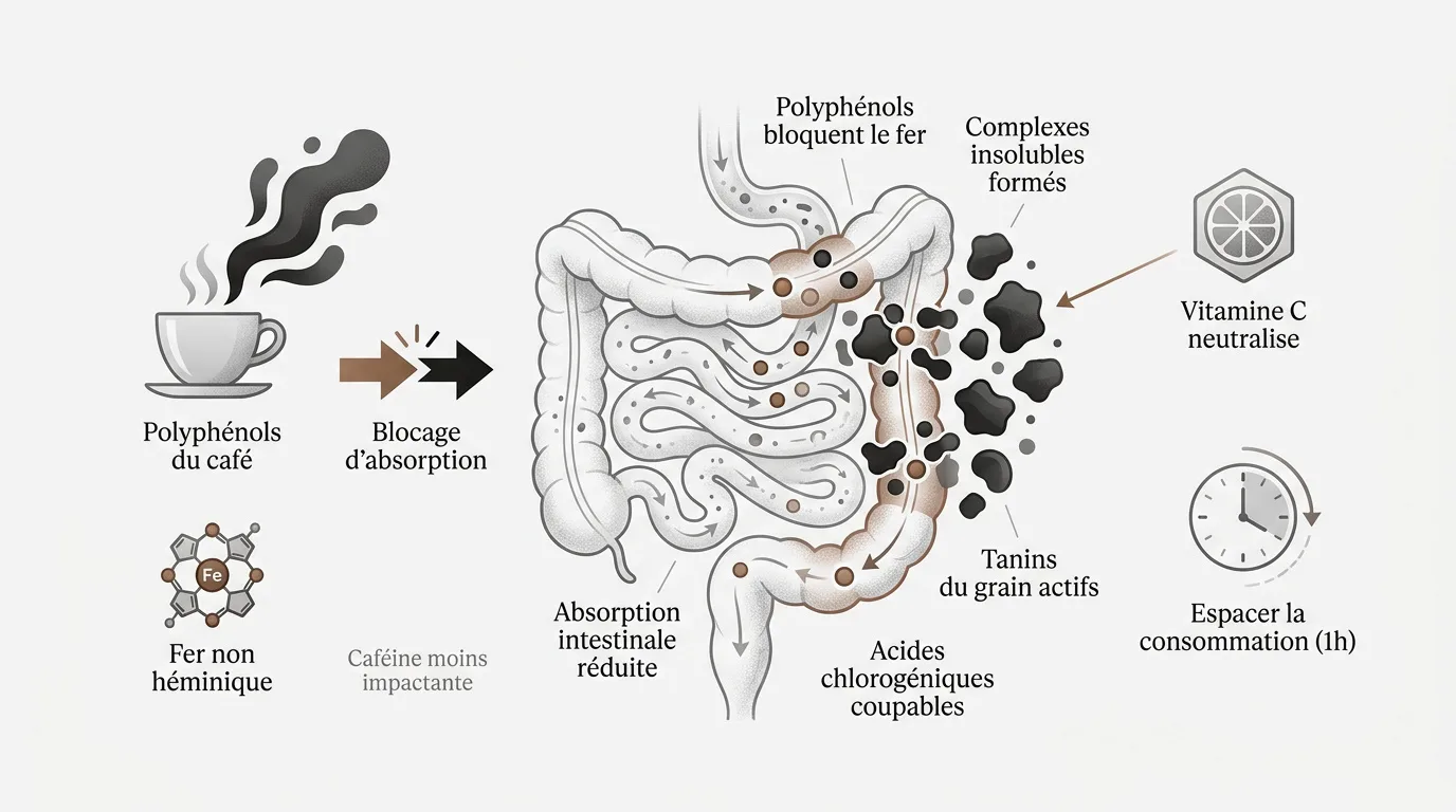 Représentation de l'interaction entre les molécules de café et l'assimilation du fer dans le système digestif