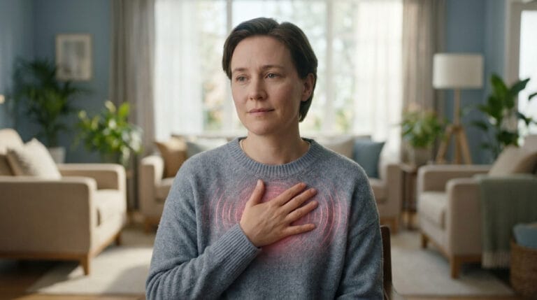 Une femme assise dans son salon, main sur la poitrine, des ondes lumineuses rouges symbolisant une douleur ou des palpitations cardiaques.