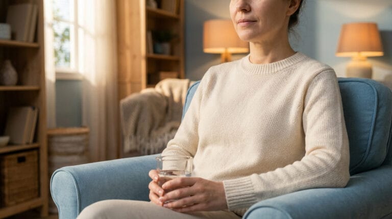 Femme aux cheveux foncés, vêtue d'un pull crème, assise dans un fauteuil bleu avec un verre d'eau, dans un intérieur cosy et lumineux.