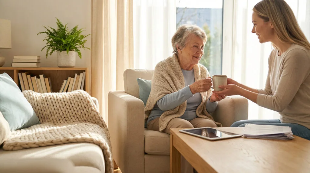 Femme aide une senior à domicile, offrant une boisson. Scène chaleureuse de soutien et de bien-être.