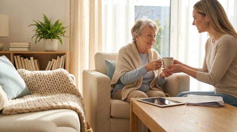 Femme aide une senior à domicile, offrant une boisson. Scène chaleureuse de soutien et de bien-être.