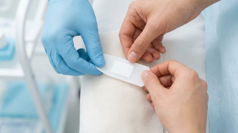 Une main gantée et une main nue tiennent un pansement adhésif, prêtes à l'appliquer. Scène de soins médicaux.