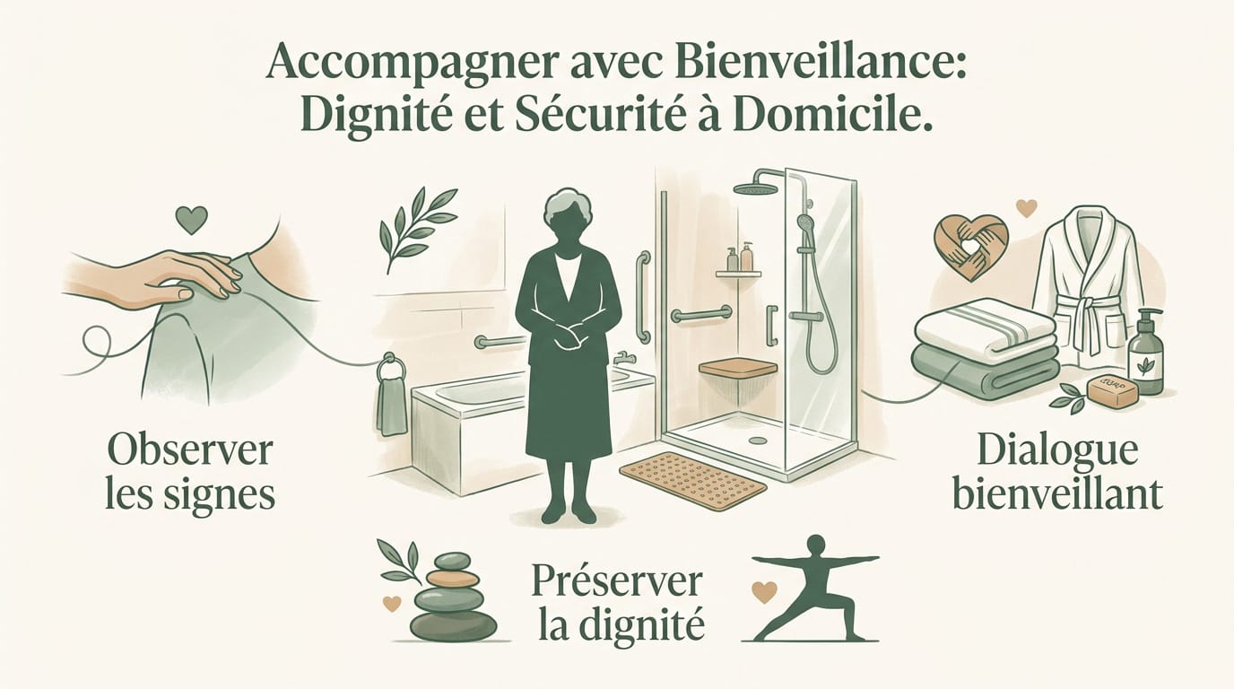 Infirmière à domicile accompagnant une personne âgée avec bienveillance pour sa toilette sécurisée