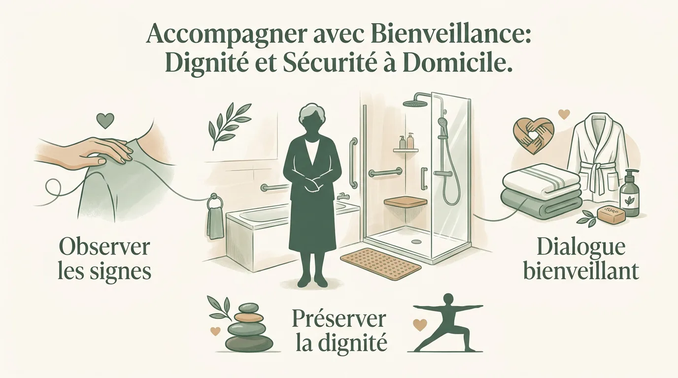 Infirmière à domicile accompagnant une personne âgée avec bienveillance pour sa toilette sécurisée
