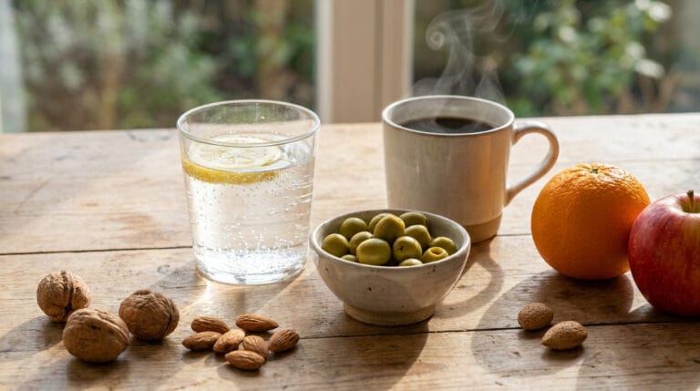 Table en bois avec olives, eau citronnée, café chaud, noix, amandes, orange et pomme.