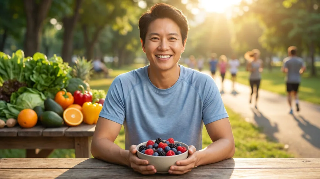 Un homme souriant tient un bol de baies fraîches dans un parc, avec des fruits et légumes en arrière-plan.
