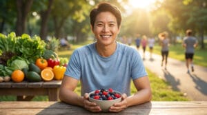 Un homme souriant tient un bol de baies fraîches dans un parc, avec des fruits et légumes en arrière-plan.