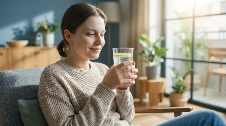 Une jeune femme assise dans un fauteuil, souriante, tenant un verre d'eau gazeuse avec une rondelle de citron.