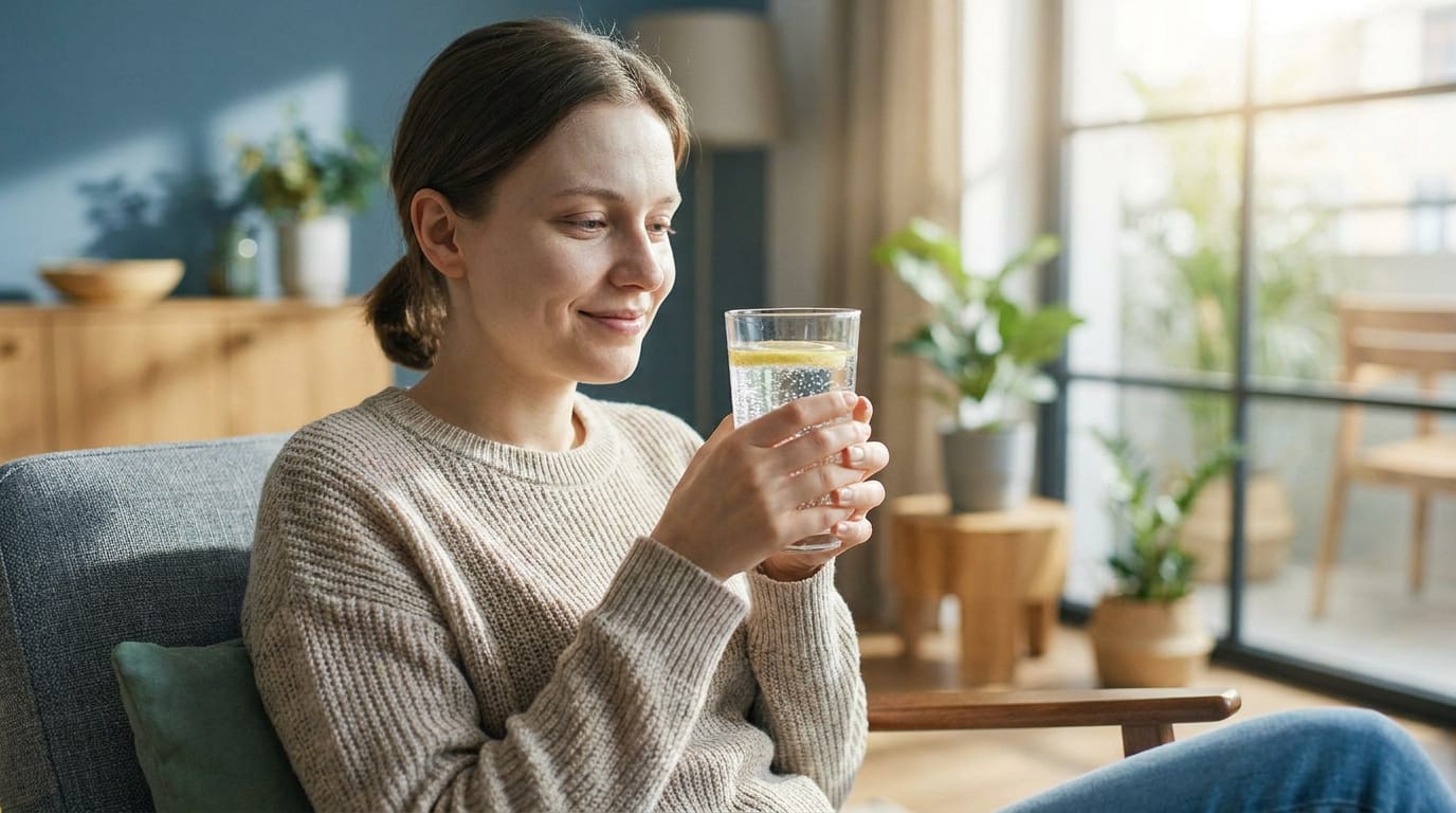 Une jeune femme assise dans un fauteuil, souriante, tenant un verre d'eau gazeuse avec une rondelle de citron.