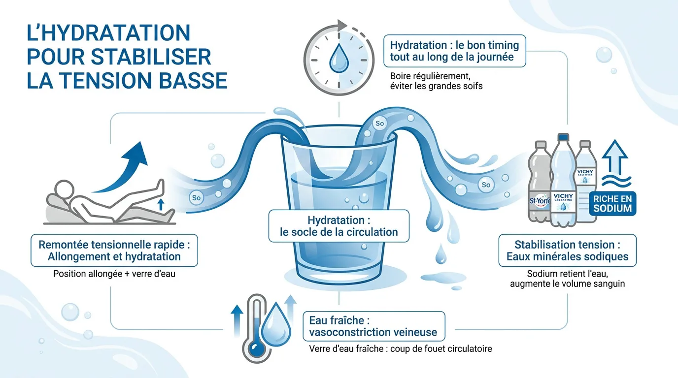 Verre d'eau minérale fraîche pour stabiliser la tension artérielle basse