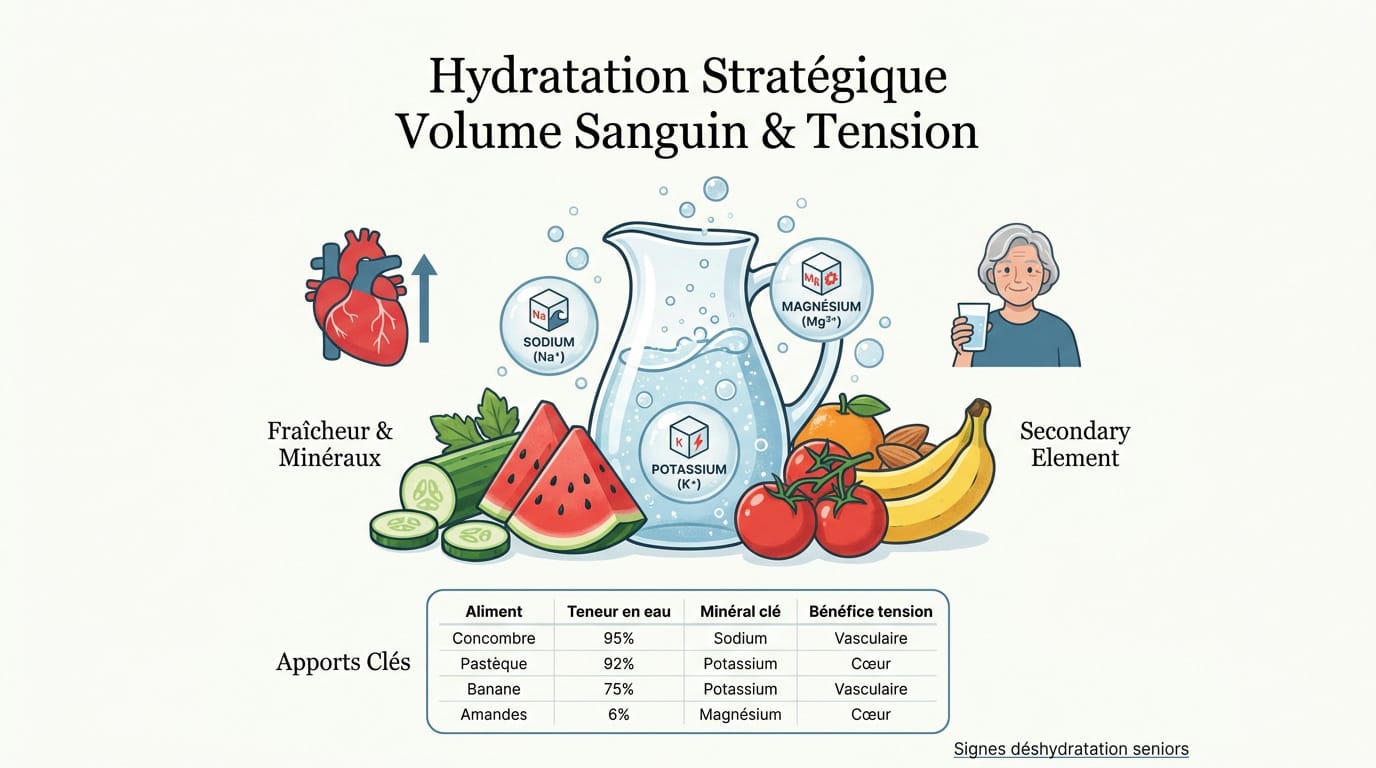 Verre d'eau minérale et fruits hydratants pour stabiliser la tension artérielle