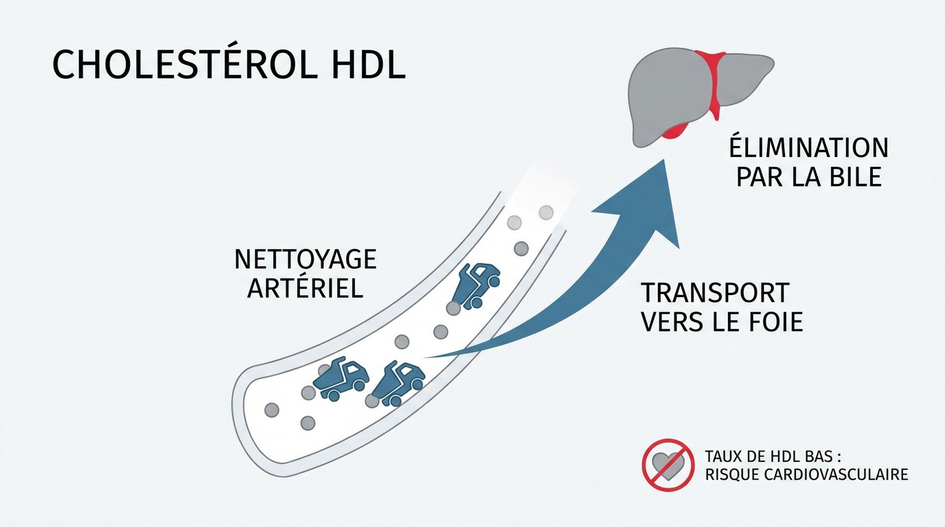 Schéma expliquant le transport du cholestérol HDL vers le foie pour protéger les artères