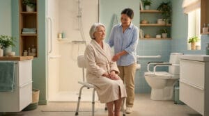 Une aide-soignante accompagne une personne âgée assise sur un siège de douche dans une salle de bain adaptée.