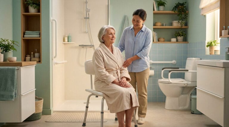 Une aide-soignante accompagne une personne âgée assise sur un siège de douche dans une salle de bain adaptée.