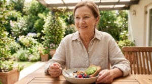 Une femme âgée souriante mange un bol de yaourt avec des baies et une tartine à l'avocat sur une terrasse ensoleillée.