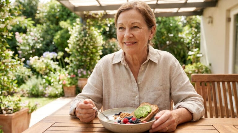 Une femme âgée souriante mange un bol de yaourt avec des baies et une tartine à l'avocat sur une terrasse ensoleillée.