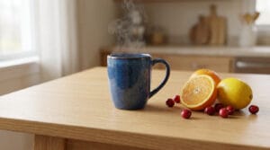 Une tasse de café fumante entourée d'agrumes et de baies sur une table en bois dans une cuisine lumineuse.