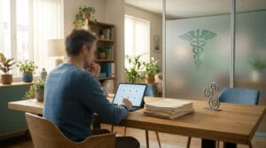 Un homme consulte des documents administratifs sur une tablette dans un bureau avec un symbole médical au mur.