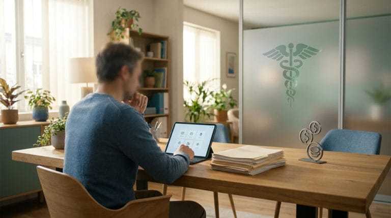Un homme consulte des documents administratifs sur une tablette dans un bureau avec un symbole médical au mur.