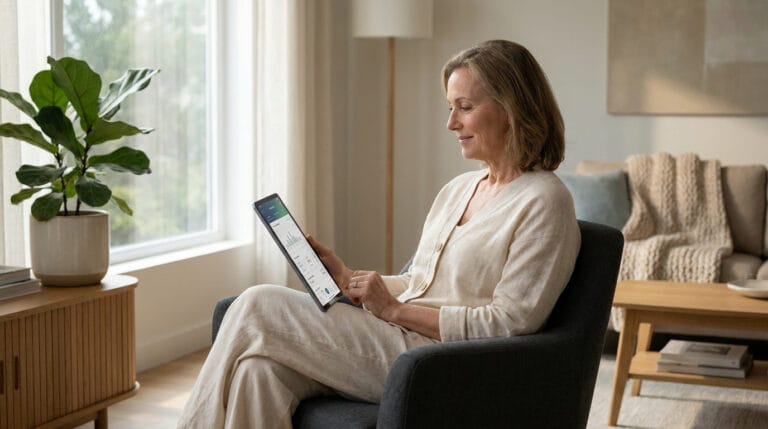 Une femme mature utilisant une tablette pour consulter des données de santé depuis son salon lumineux.