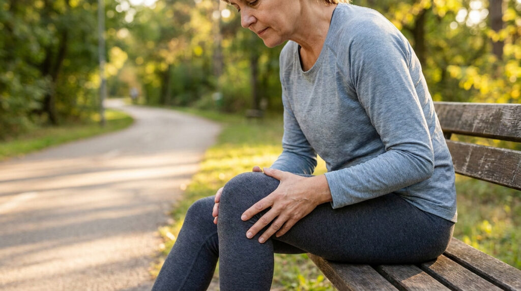 Une femme assise sur un banc en extérieur, tenant son genou avec ses mains en signe de douleur.