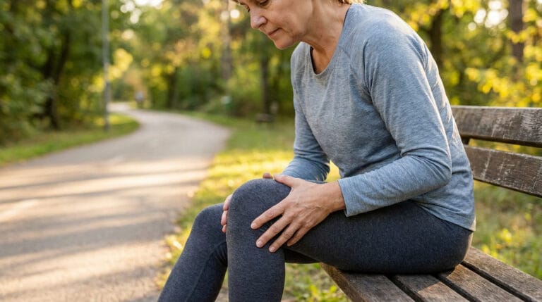 Une femme assise sur un banc en extérieur, tenant son genou avec ses mains en signe de douleur.