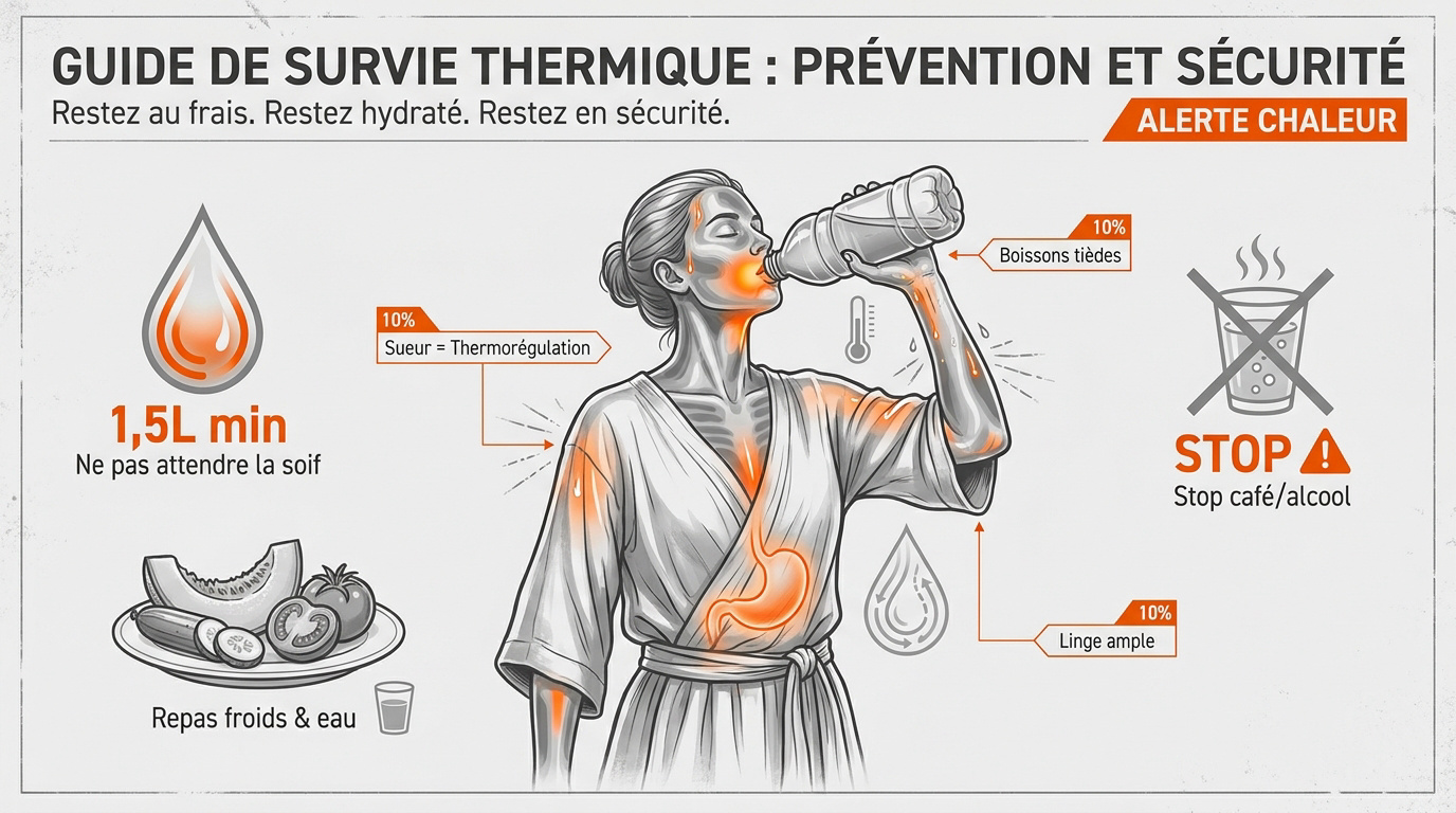Infographie illustrant les gestes de prévention et d'hydratation en période de forte chaleur