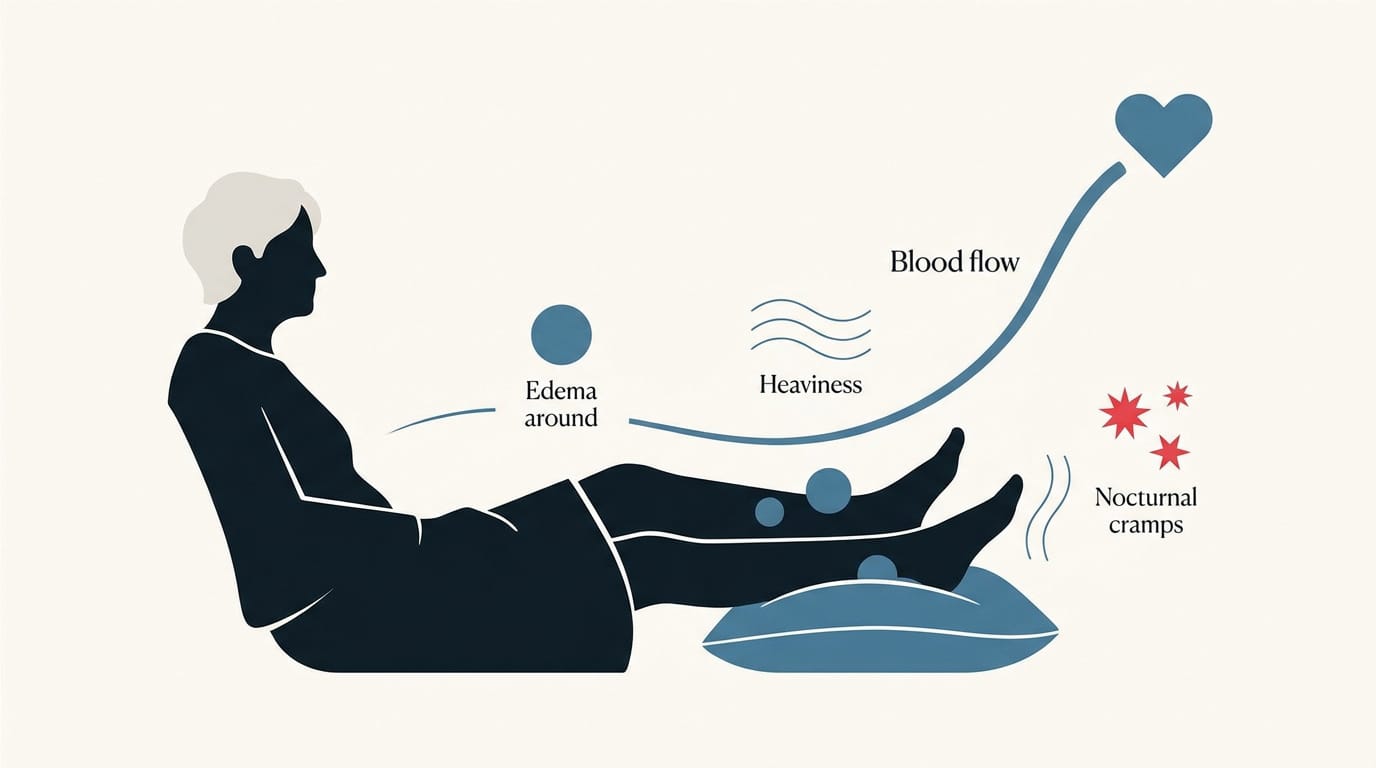 Illustration des symptômes de l'insuffisance veineuse et des jambes lourdes chez une personne âgée