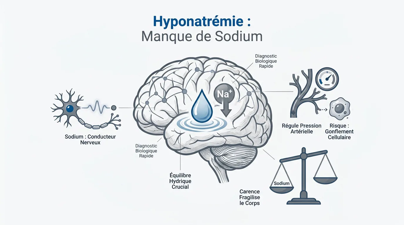Infographie expliquant l'impact de l'hyponatrémie sur le système nerveux et l'équilibre hydrique