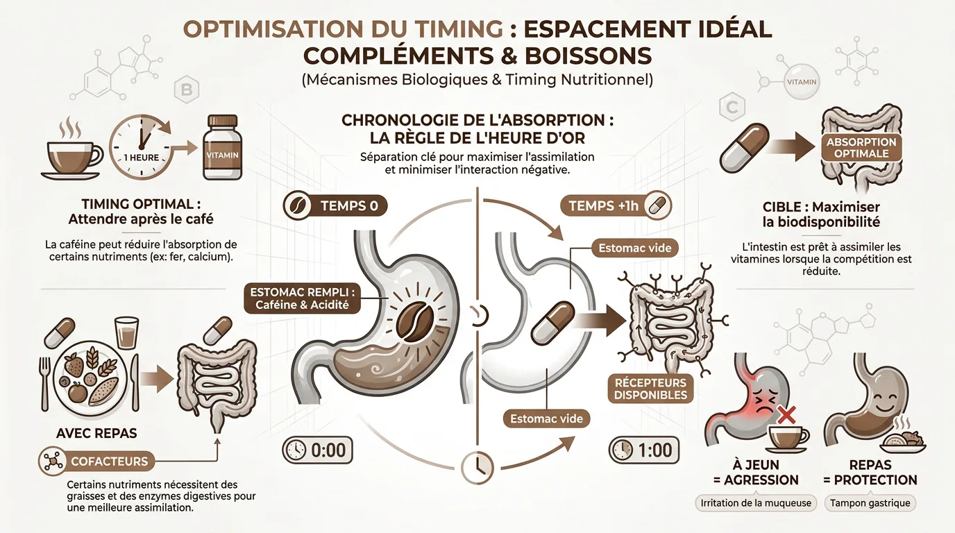Schéma expliquant le timing idéal pour la prise de compléments alimentaires et de café