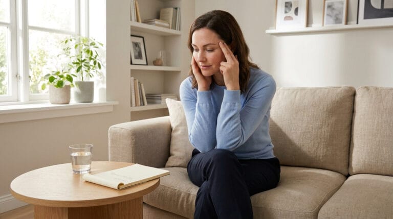 Une femme assise sur un canapé, l'air fatigué, se massant les tempes dans un intérieur lumineux.