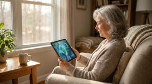 Une femme âgée consulte les résultats de son bilan sanguin sur une tablette numérique depuis son salon.