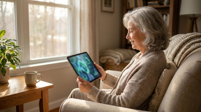 Une femme âgée consulte les résultats de son bilan sanguin sur une tablette numérique depuis son salon.