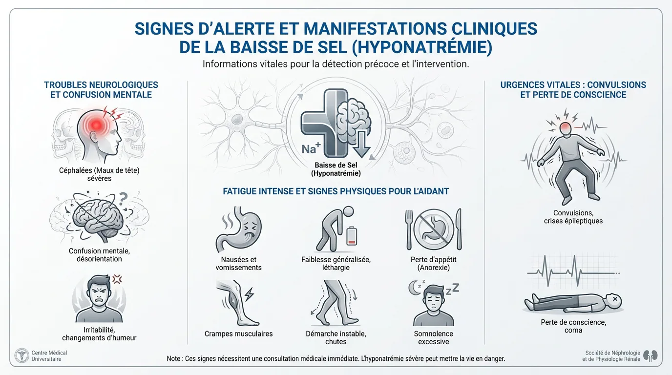 Infographie présentant les symptômes neurologiques et physiques de l'hyponatrémie chez une personne âgée