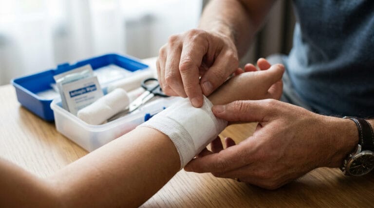 Une personne applique un pansement sur le poignet d'une autre personne à l'aide d'une trousse de secours.