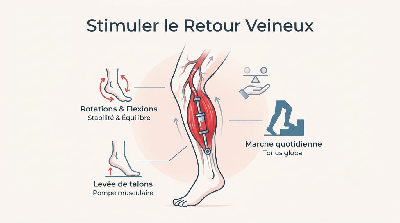Senior pratiquant des exercices de gymnastique douce pour stimuler la circulation sanguine des jambes