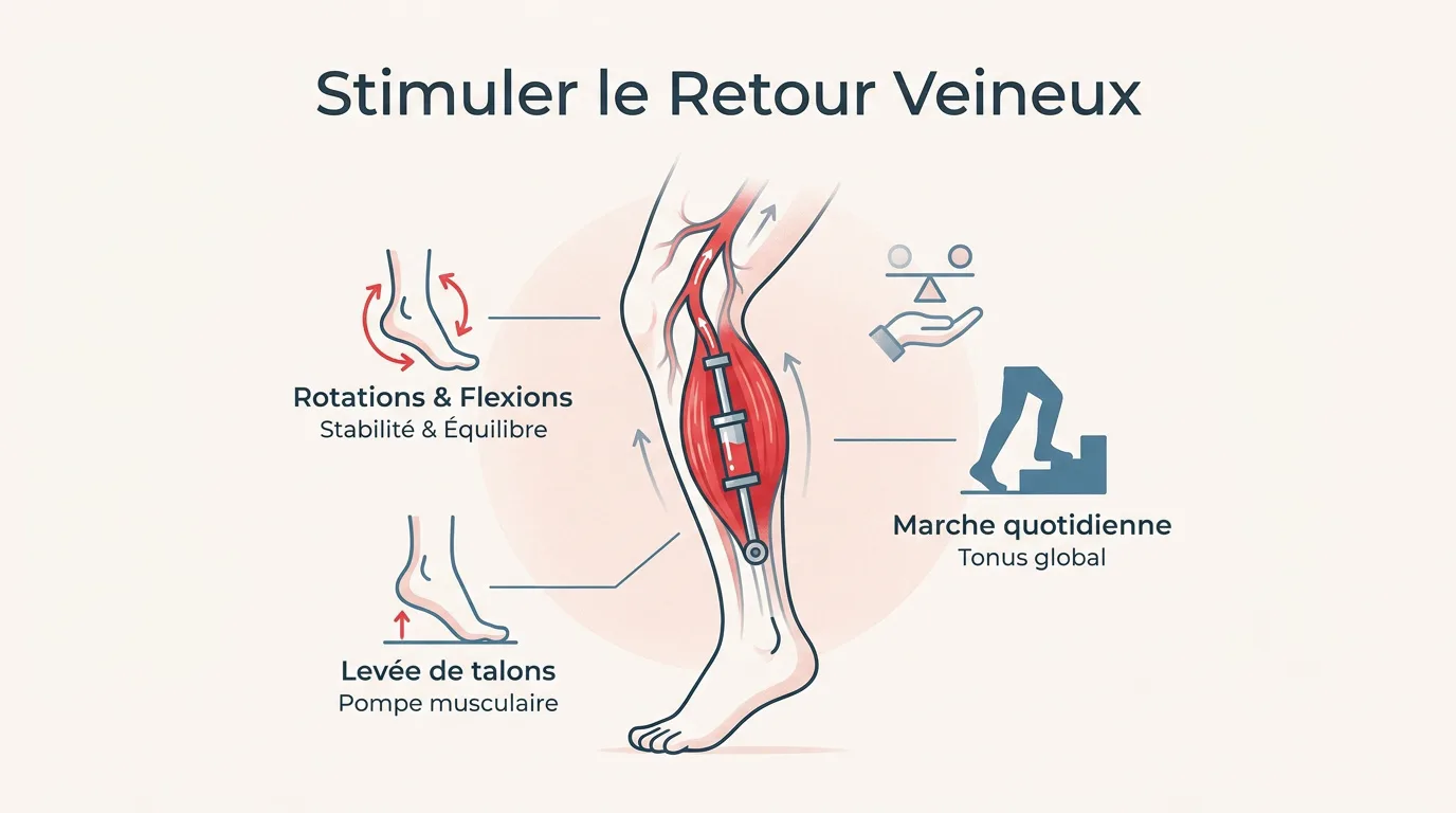 Senior pratiquant des exercices de gymnastique douce pour stimuler la circulation sanguine des jambes